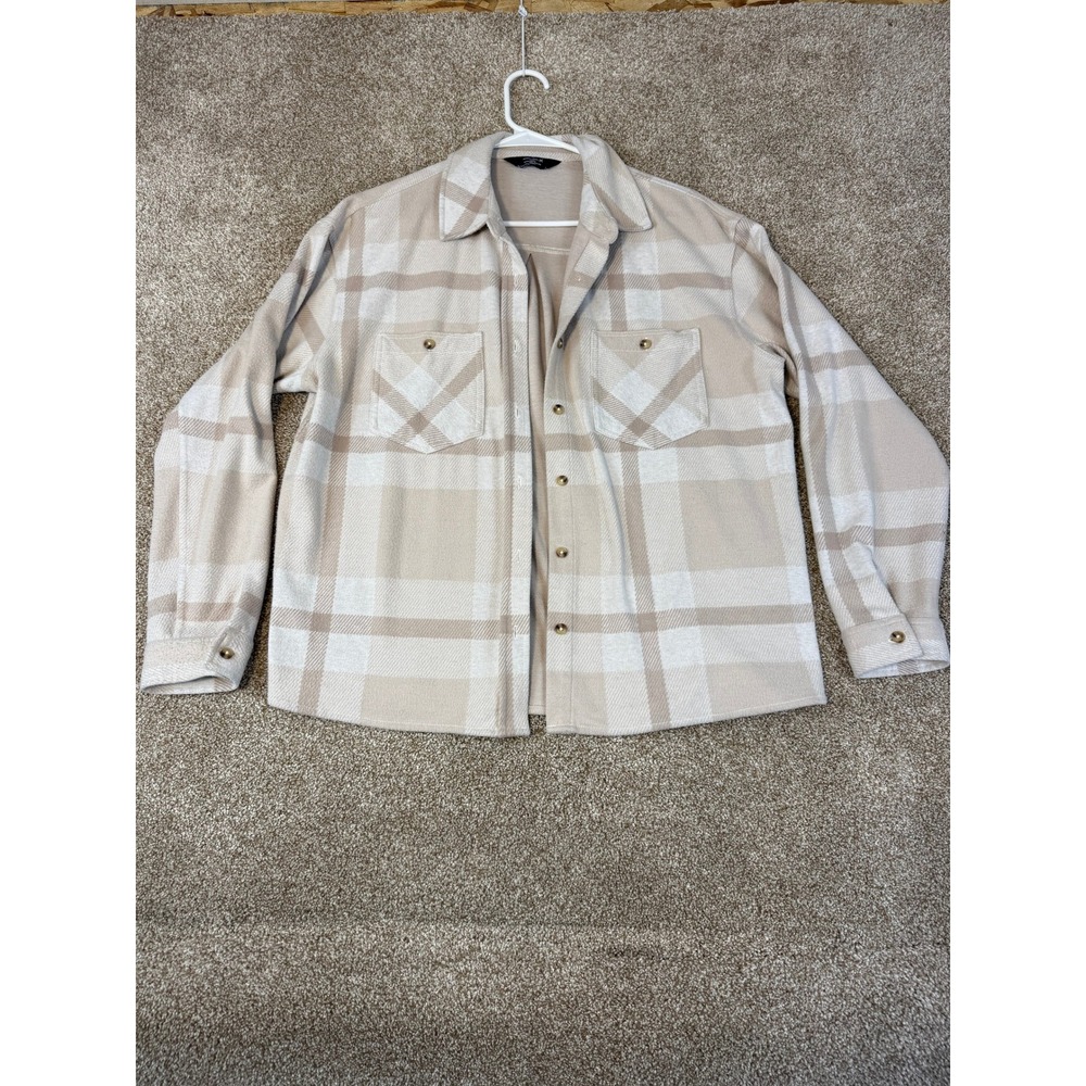 Members Mark Womens Shacket Cozy Button Down‎ Plaid Tan Cream Medium M Flannel